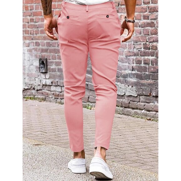 🆕 Men Pink Slim Fit Pants Flat Front Stretch Skinny Tapered Casual Trousers - Picture 2 of 6